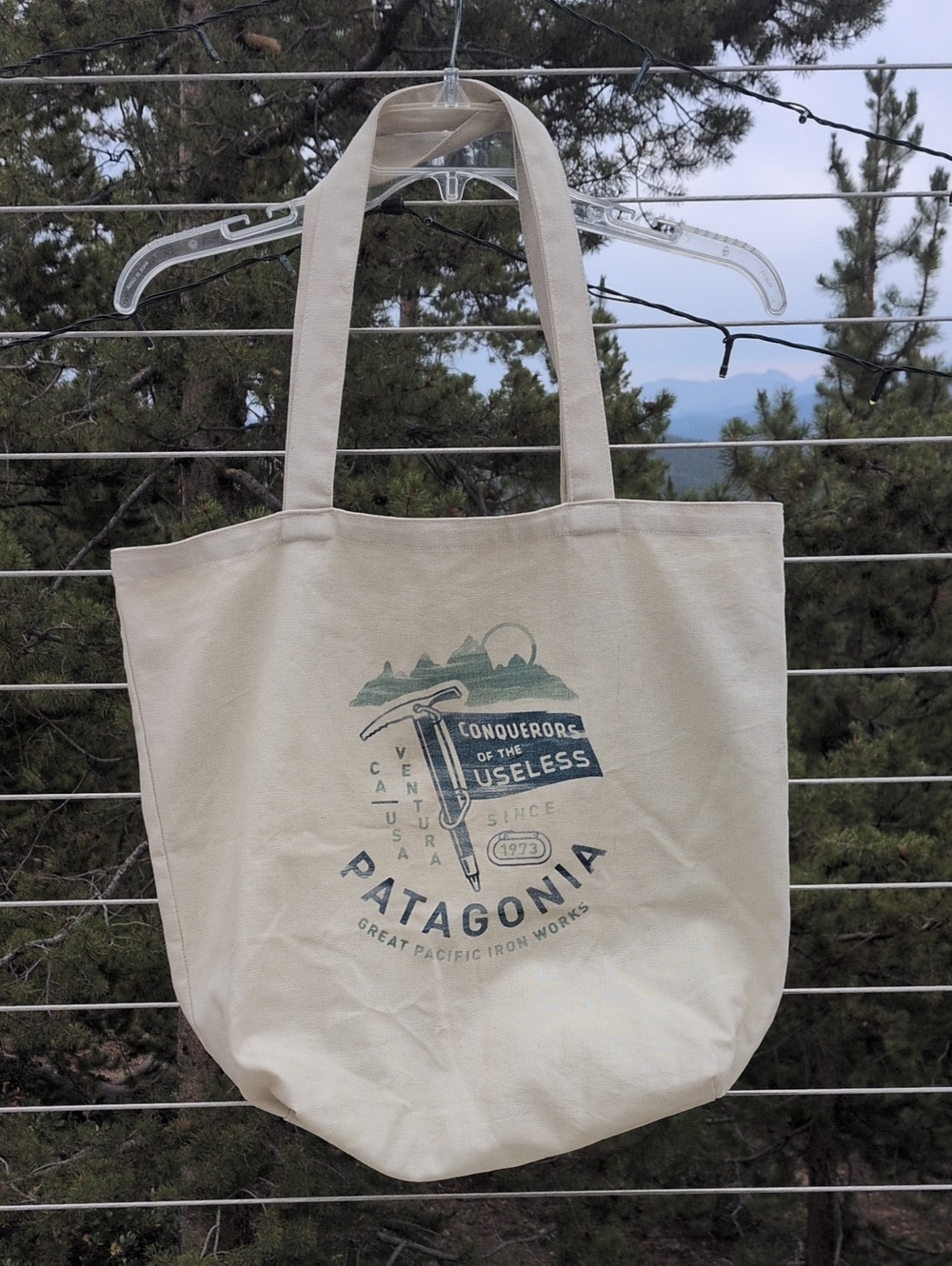 Patagonia Canvas Tote Bag in Cream with Blue Graphic - Picture 2 of 11